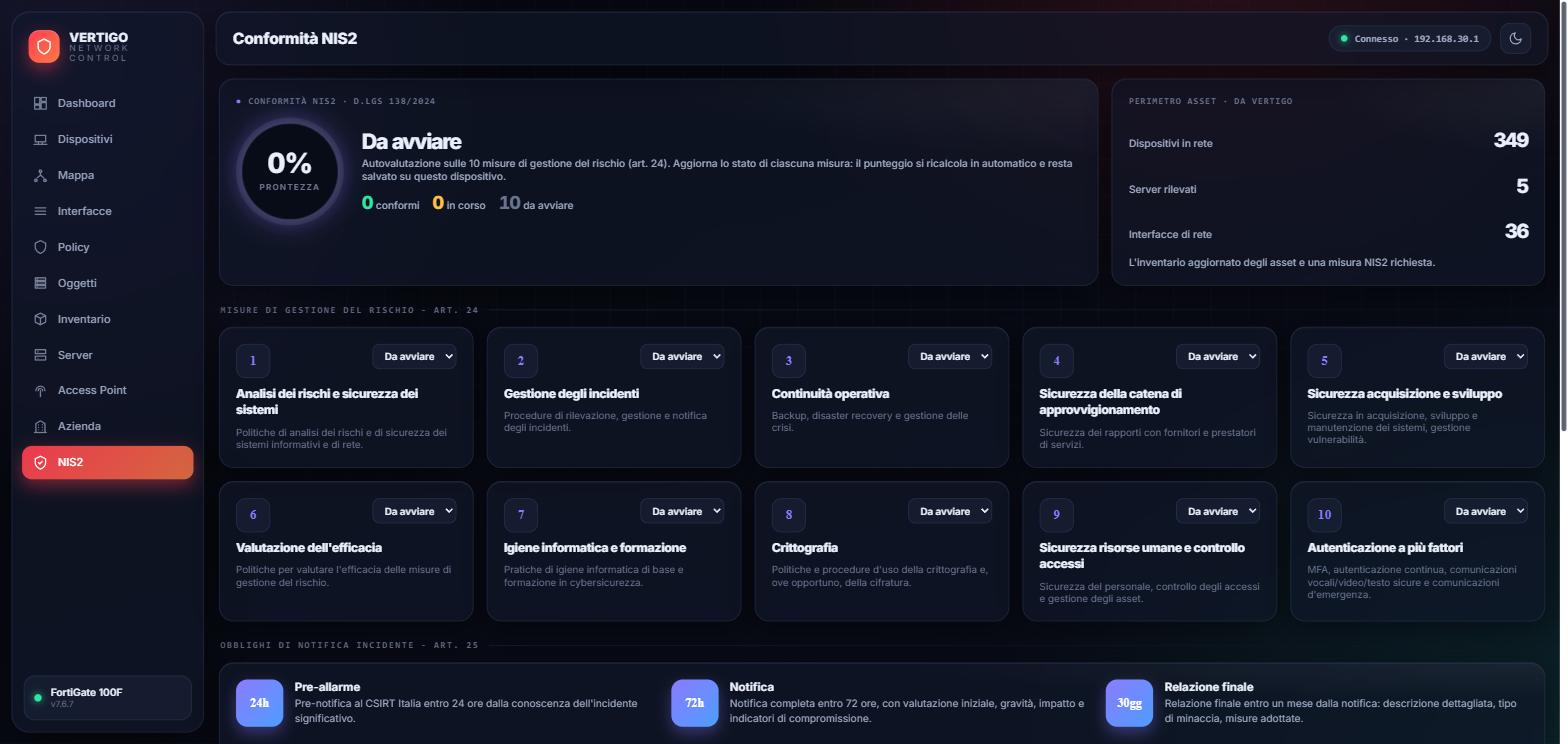Pagina di conformità NIS2 con i controlli